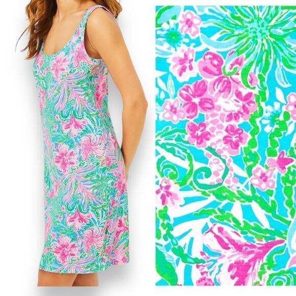 Lilly Pulitzer Newberri Tank Dress XXS Amalfi Blue Leaf It Wild Floral Tropical - Picture 1 of 8